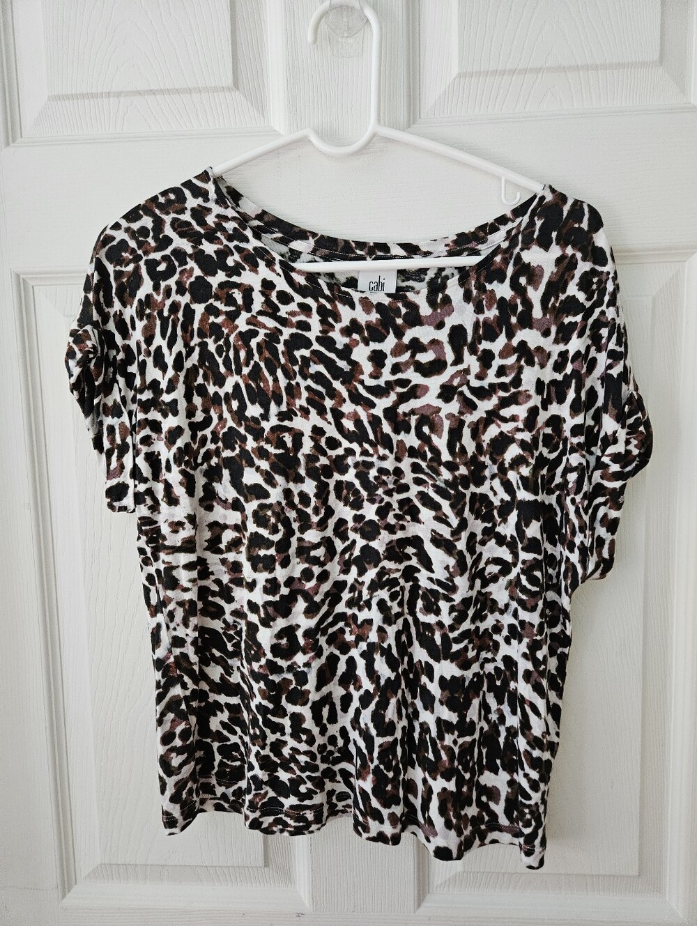 CAbi White, Black and Brown Leopard Short Sleeve Tee